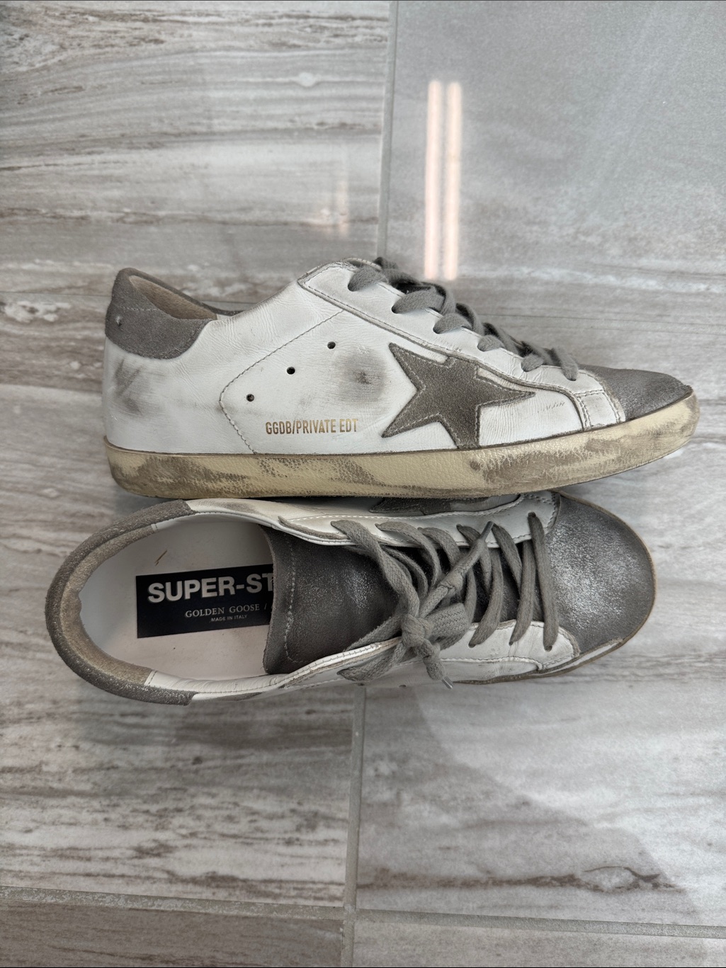 Barely Worn, Golden Goose Super-Star Sneakers In White & Silver Metallic